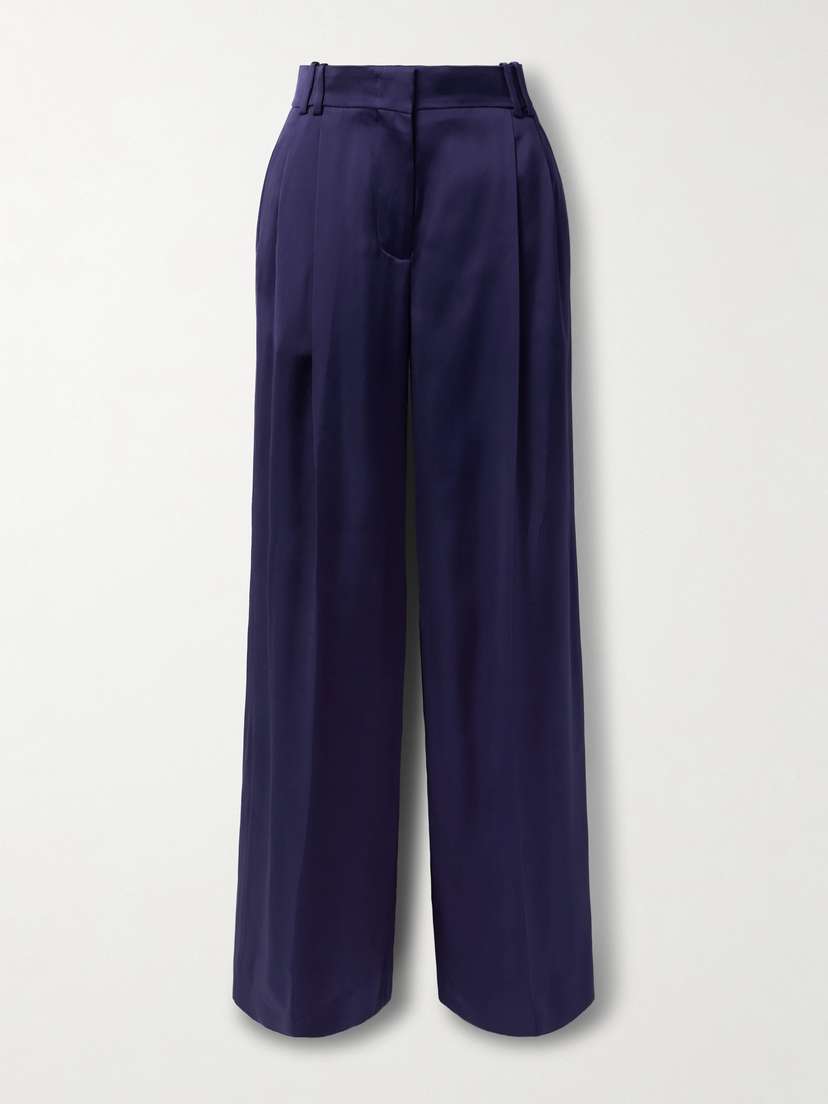 Another Tomorrow Pleated Satin Wide-leg Pants
