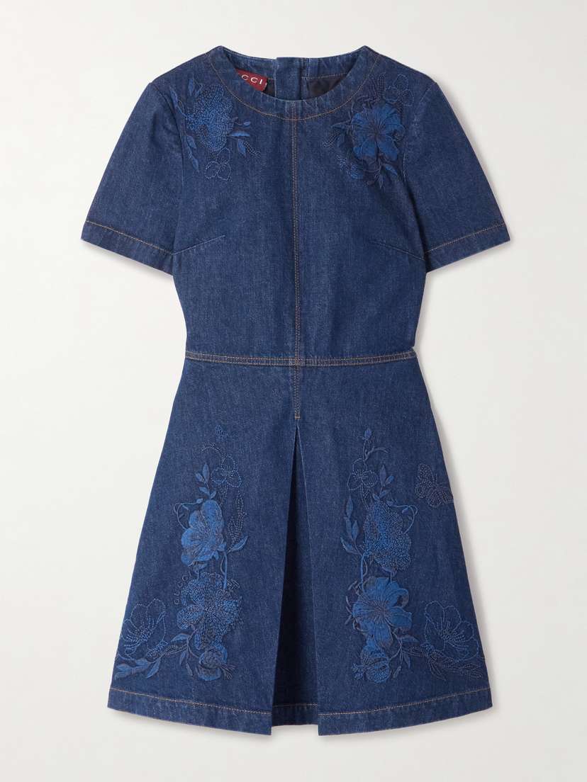 Gucci Pleated Embroidered Paneled Denim Mini Dress