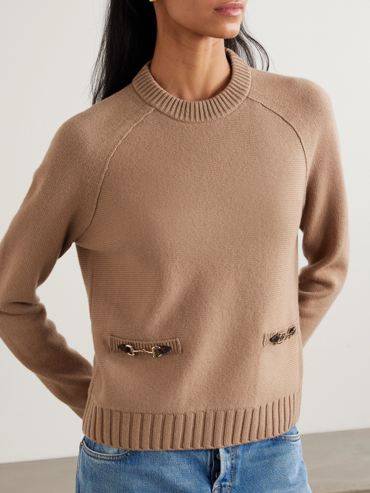 Horsebit-Embellished Leather-Trimmed Wool And Cashmere-Blend Sweater