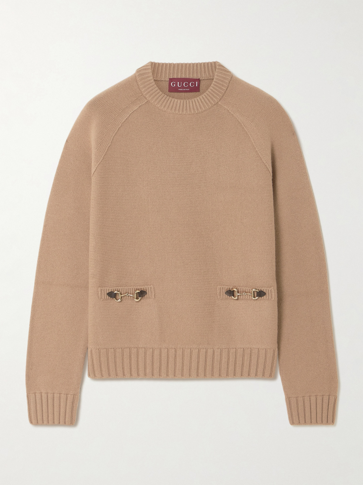 Horsebit-Embellished Leather-Trimmed Wool And Cashmere-Blend Sweater