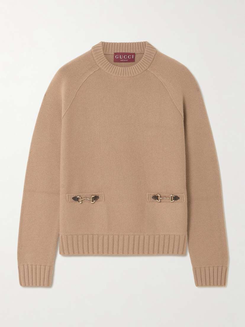 Gucci Horsebit-embellished Leather-trimmed Wool And Cashmere-blend Sweater
