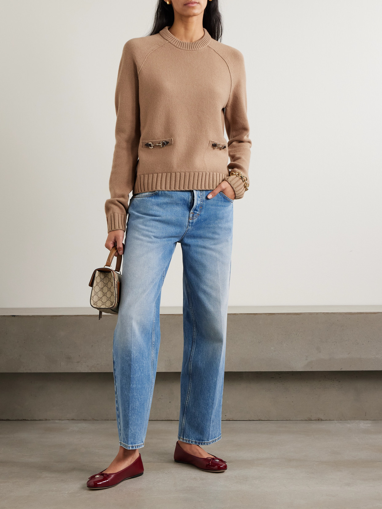 Horsebit-Embellished Leather-Trimmed Wool And Cashmere-Blend Sweater