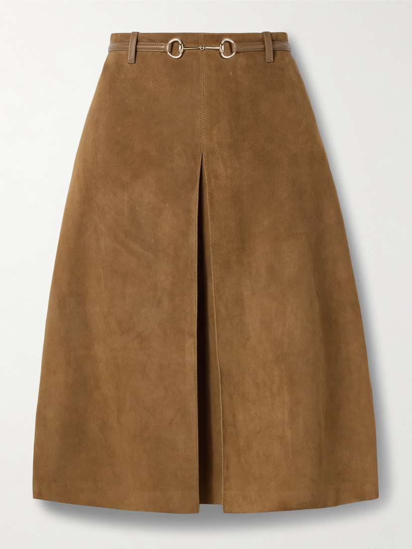 Gucci Horsebit-detailed Leather-trimmed Pleated Suede Midi Skirt
