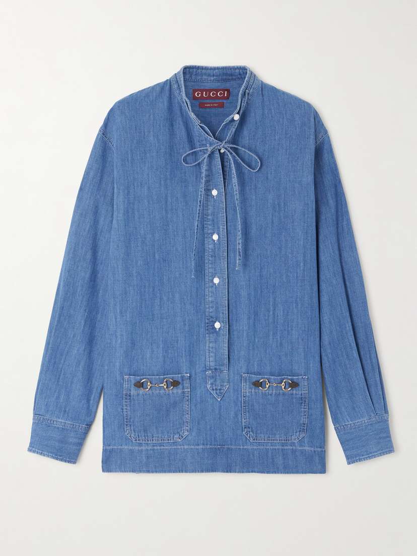 Gucci Tie-neck Horsebit-embellished Denim Shirt