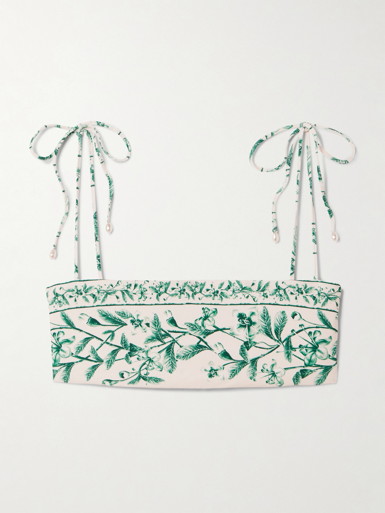 Agua By Agua Bendita Primavera Ceiba Faux Pearl-embellished Floral-print Recycled Bikini Top In Green