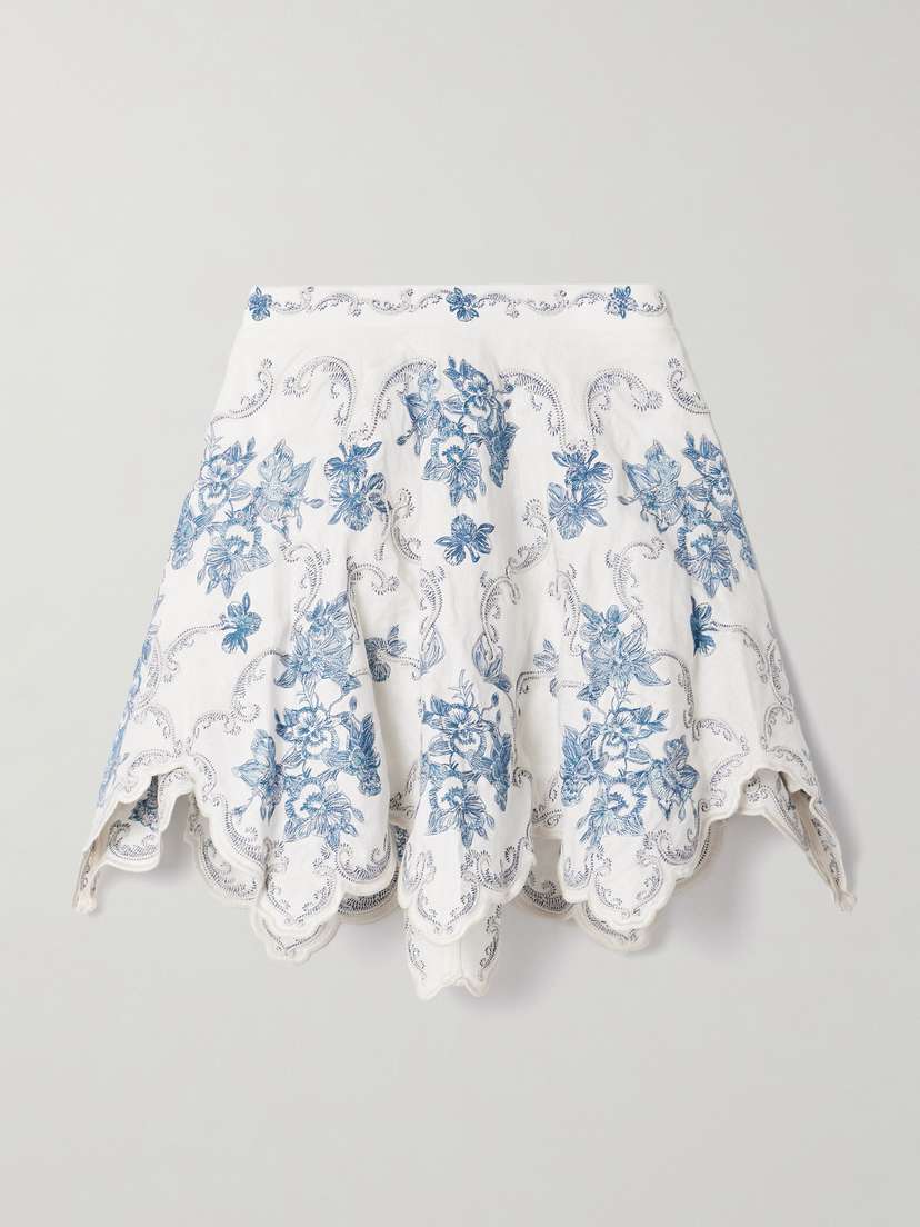 Agua by Agua Bendita Retrato Gloriosa Scalloped Embroidered Linen Mini Skirt