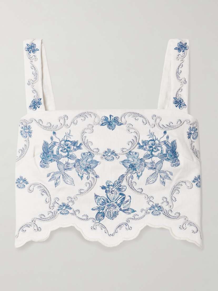 Agua by Agua Bendita Luciana Gloriosa Cropped Scalloped Embroidered Linen Tank