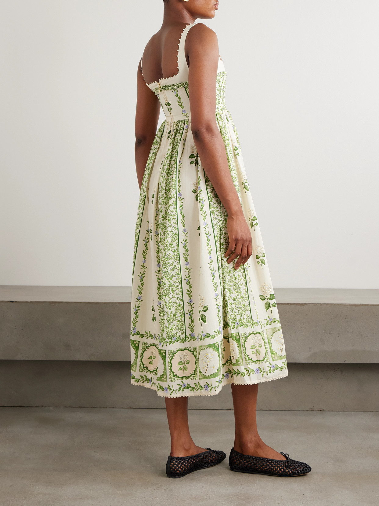Agua By Agua Bendita Barbara Pleated Bead-embellished Floral-print Linen Midi Dress In Green
