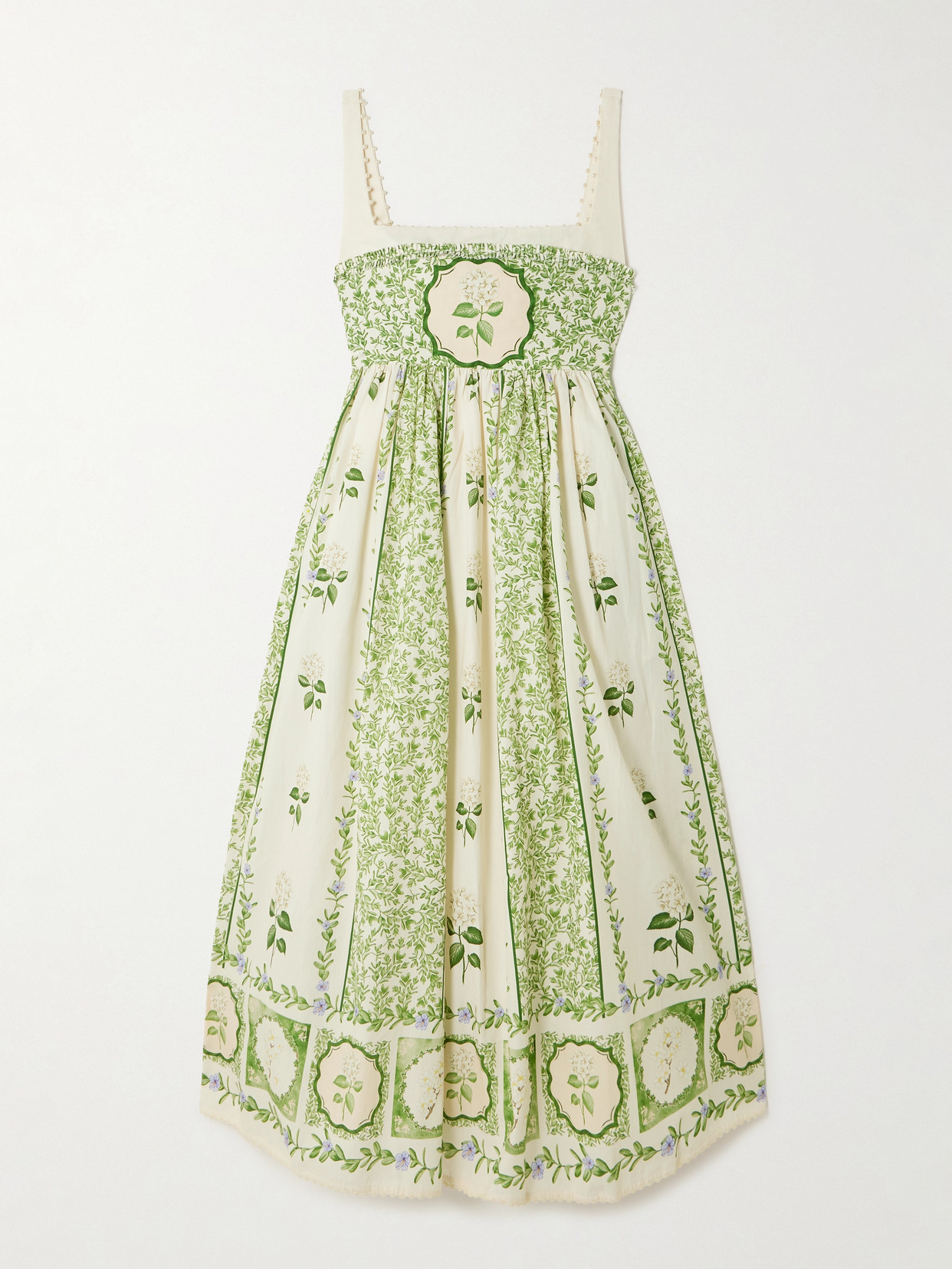 Agua By Agua Bendita Barbara Pleated Bead-embellished Floral-print Linen Midi Dress In Green