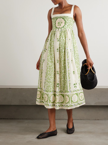 Agua by Agua Bendita Barbara pleated bead-embellished floral-print linen midi dress