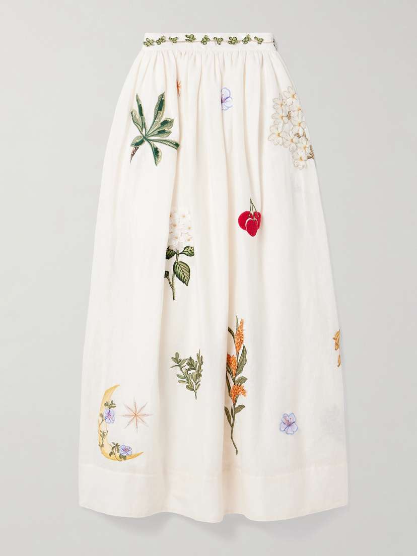 Agua by Agua Bendita Tangelo Appliquéd Embroidered Linen Maxi Skirt