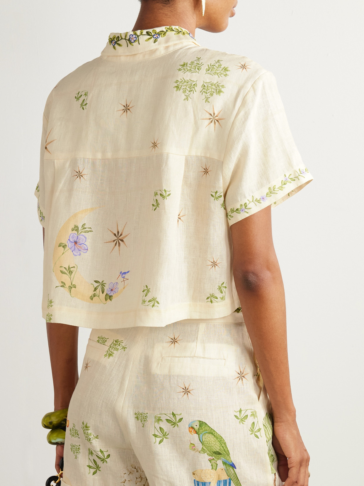 Agua By Agua Bendita Virtuosa Wild Cropped Embellished Printed Embroidered Linen Shirt In Neutral
