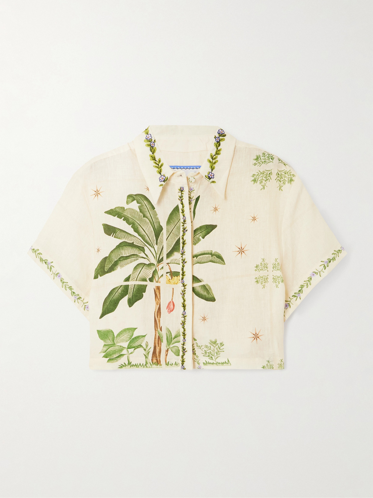 Agua By Agua Bendita Virtuosa Wild Cropped Embellished Printed Embroidered Linen Shirt In Beige