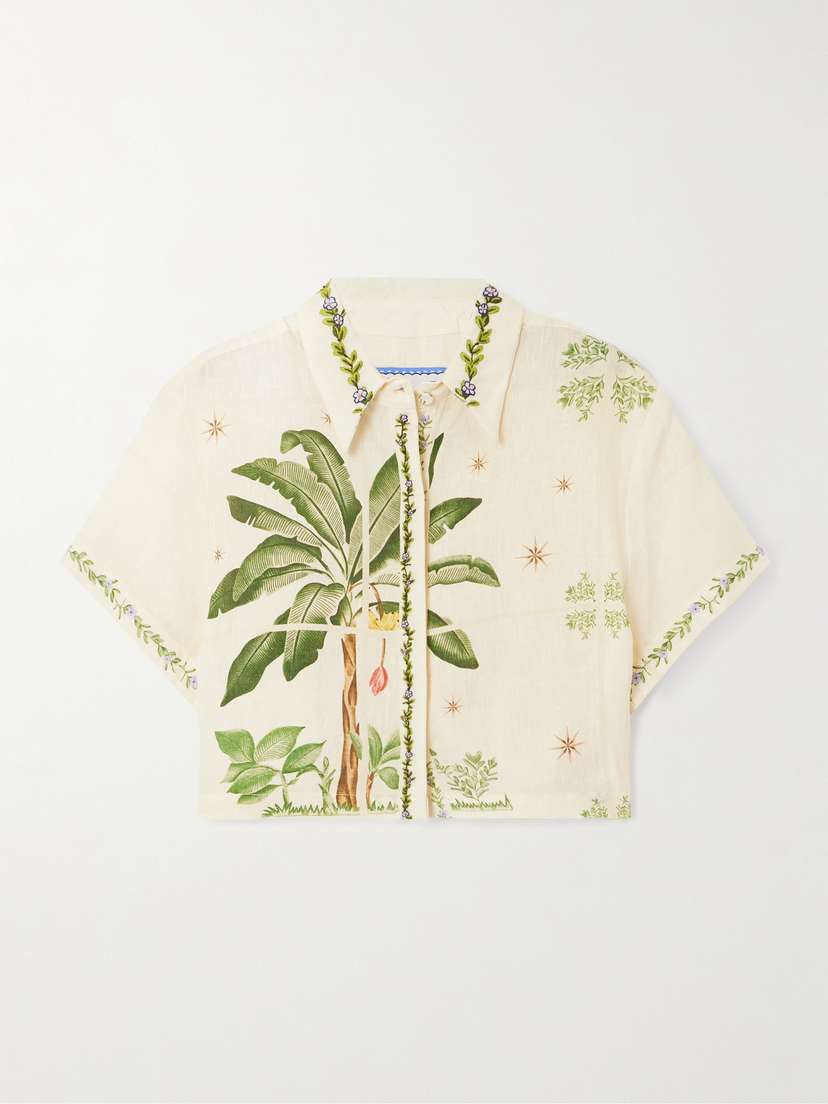 Agua by Agua Bendita Virtuosa Wild Cropped Embellished Printed Embroidered Linen Shirt