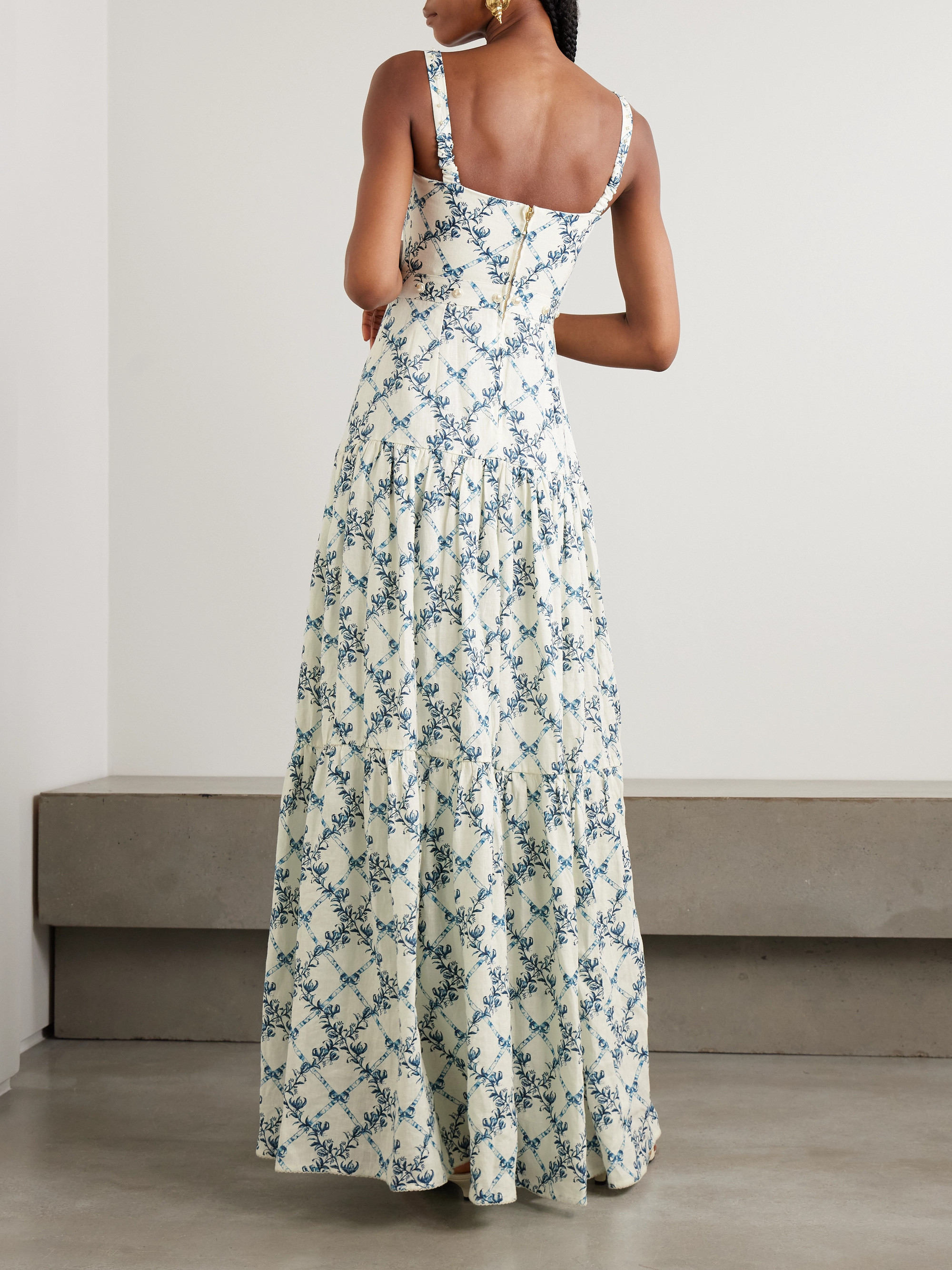 Agua by Agua Bendita Lima Gloriosa tiered faux pearl-embellished printed linen maxi dress