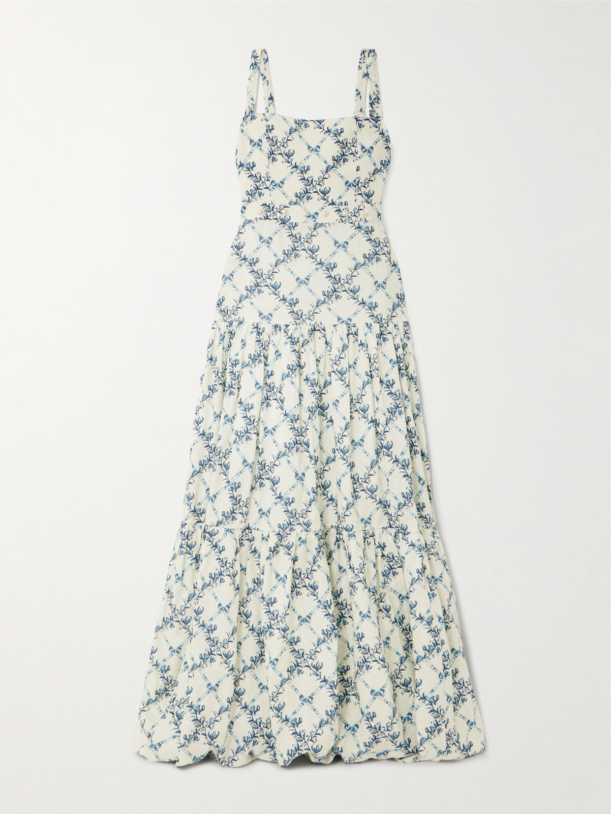 Agua By Agua Bendita Lima Gloriosa Tiered Faux Pearl-embellished Printed Linen Maxi Dress In White