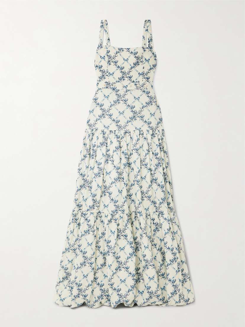 Agua by Agua Bendita Lima Gloriosa Tiered Faux Pearl-embellished Printed Linen Maxi Dress
