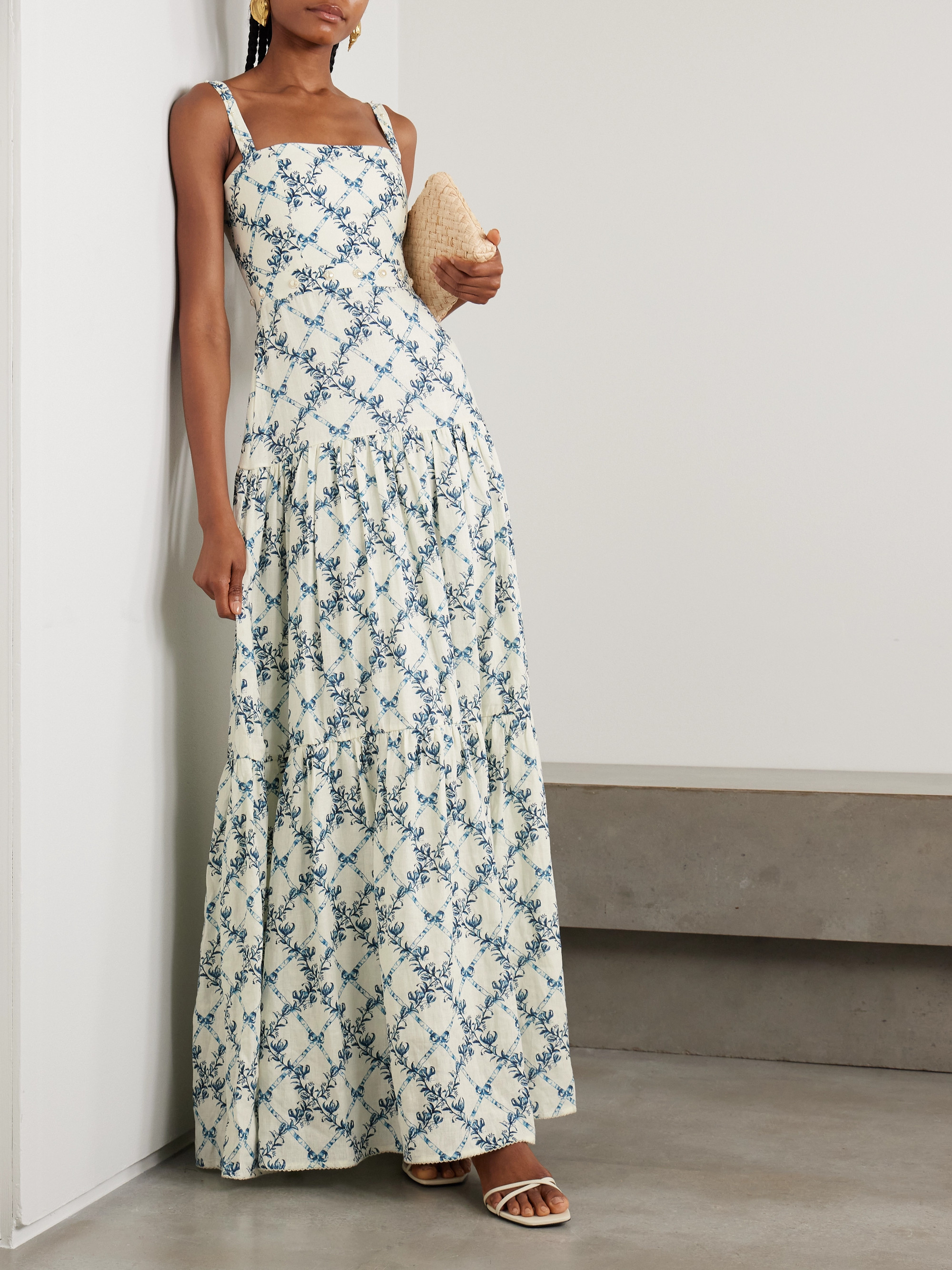 Agua by Agua Bendita Lima Gloriosa tiered faux pearl-embellished printed linen maxi dress