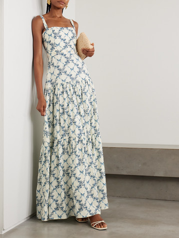 Agua by Agua Bendita - Lima Gloriosa tiered faux pearl-embellished printed linen maxi dress | Plush Agua by Agua Bendita - Lima Gloriosa tiered faux pearl-embellished printed linen maxi dress | Plush