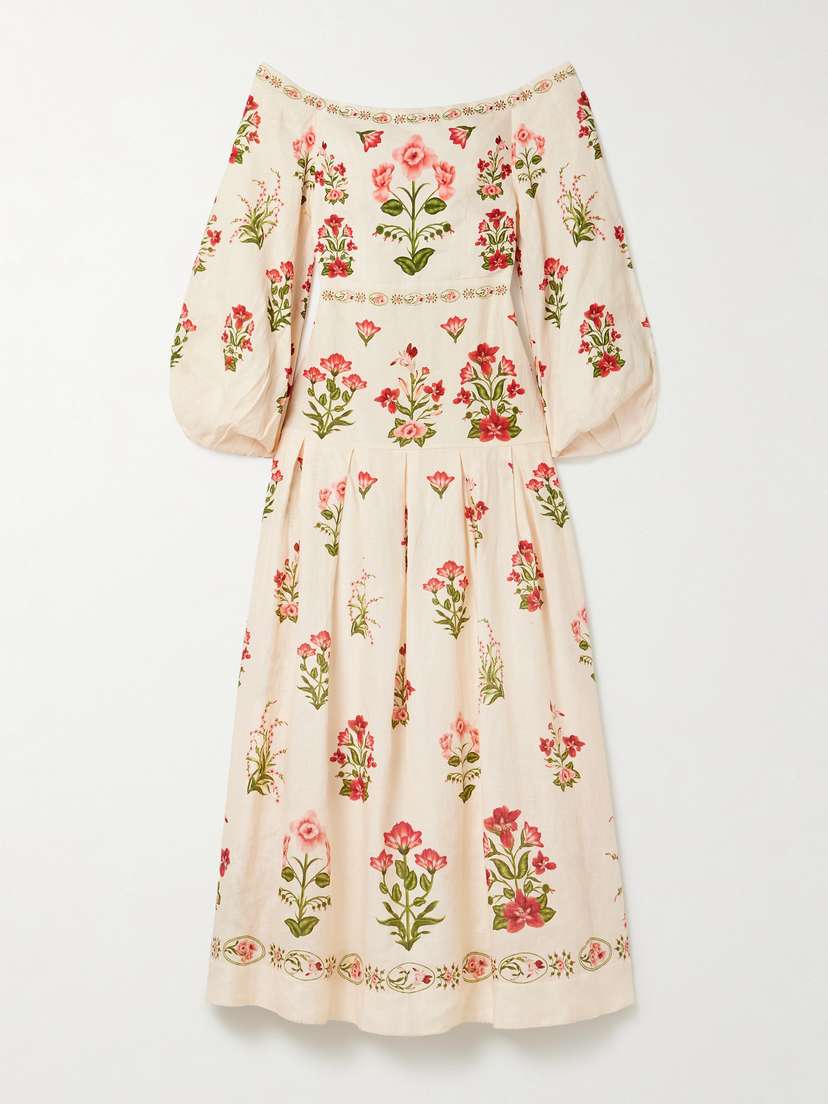 Agua by Agua Bendita Senlis Off-the-shoulder Pleated Floral-print Linen Maxi Dress