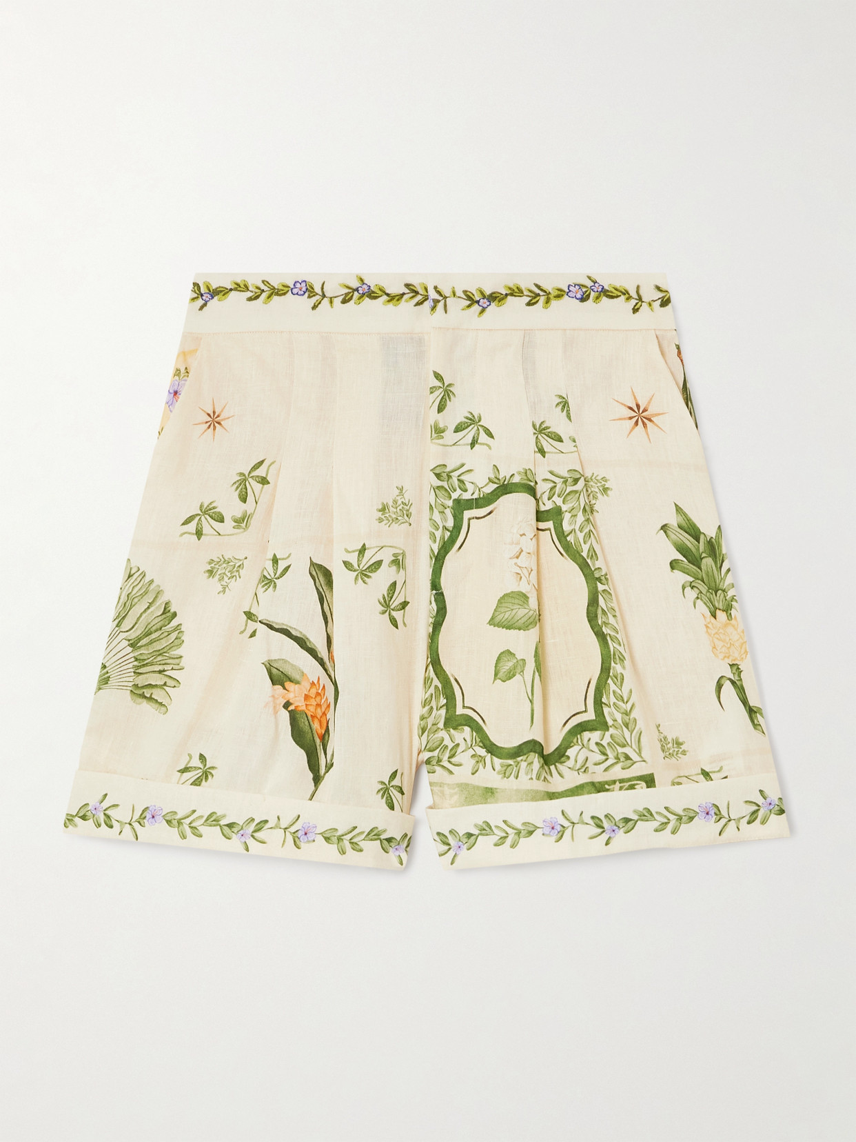 Agua By Agua Bendita Rommy Wild Embroidered Printed Linen Shorts In Beige