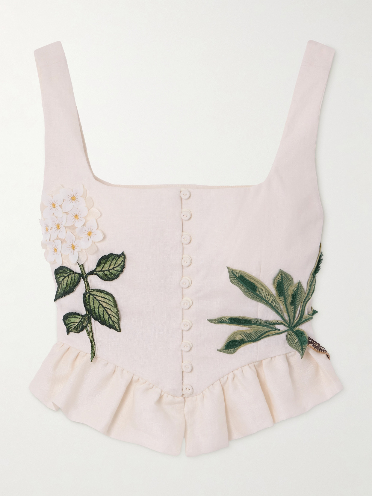 Agua By Agua Bendita Eslabon Appliquéd Embroidered Ruffled Linen Bustier Top In White