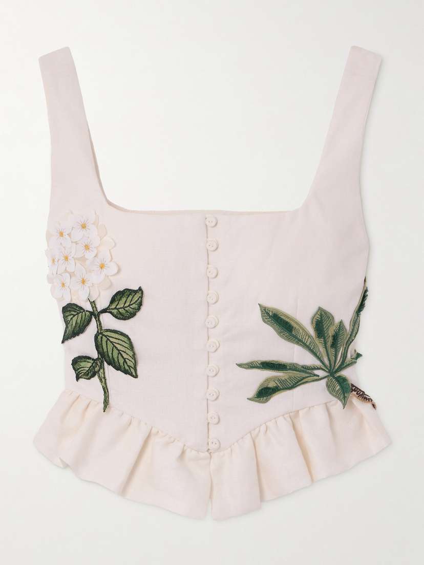 Agua by Agua Bendita Eslabon Appliquéd Embroidered Ruffled Linen Bustier Top