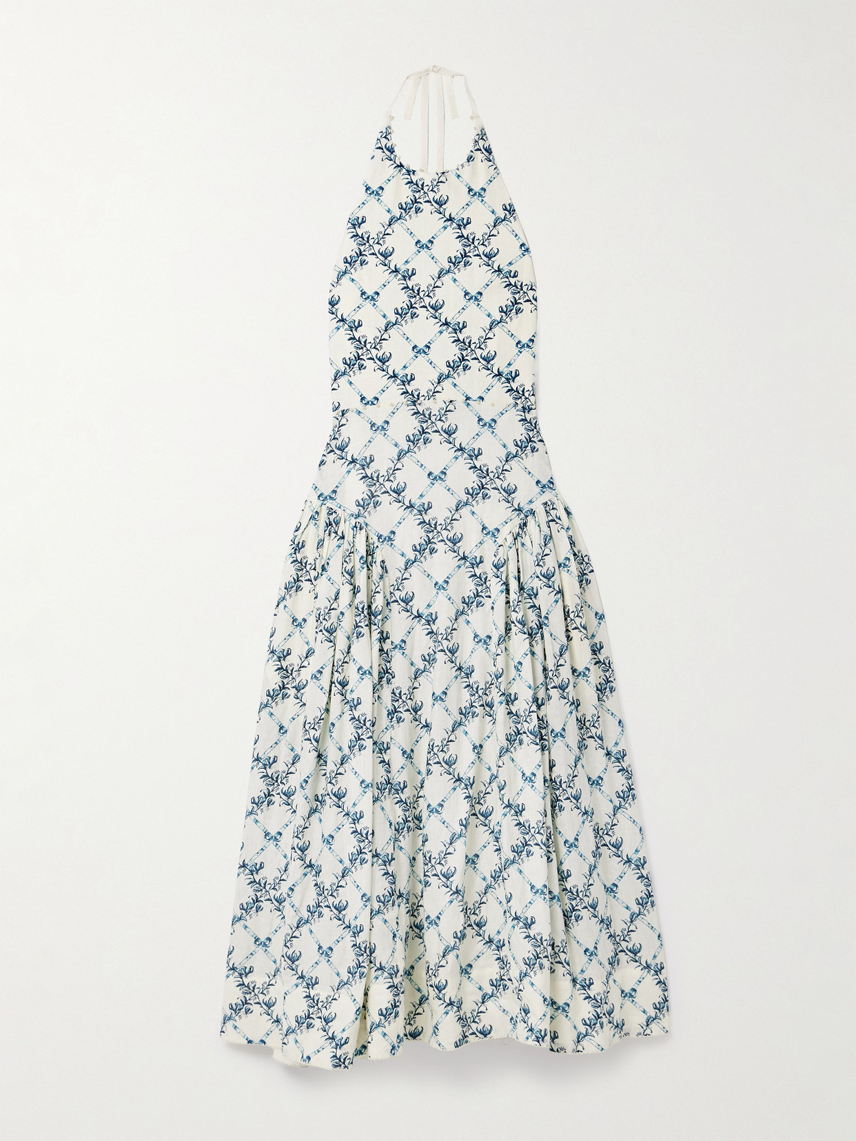 Agua By Agua Bendita Balsa Faux Pearl-embellished Printed Linen Halterneck Midi Dress In Blue