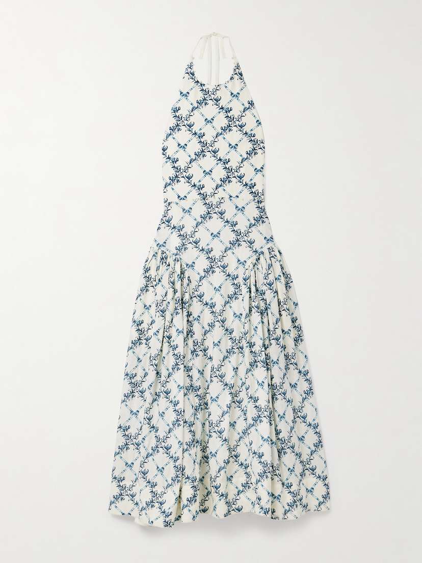 Agua by Agua Bendita Balsa Faux Pearl-embellished Printed Linen Halterneck Midi Dress