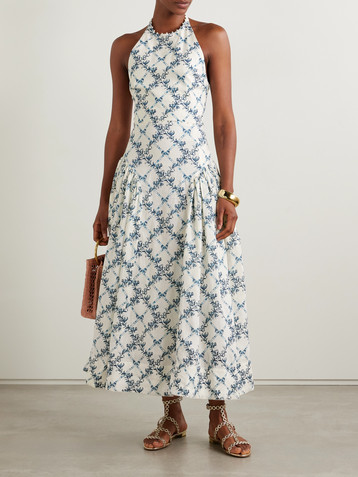Agua by Agua Bendita Balsa faux pearl-embellished printed linen halterneck midi dress