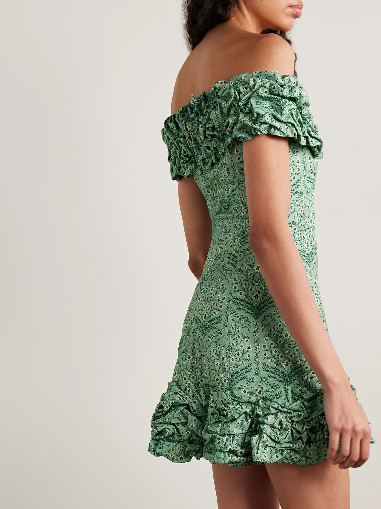Agua By Agua Bendita Jardín Off-the-shoulder Ruffled Floral-print Cotton-blend Mini Dress In Green