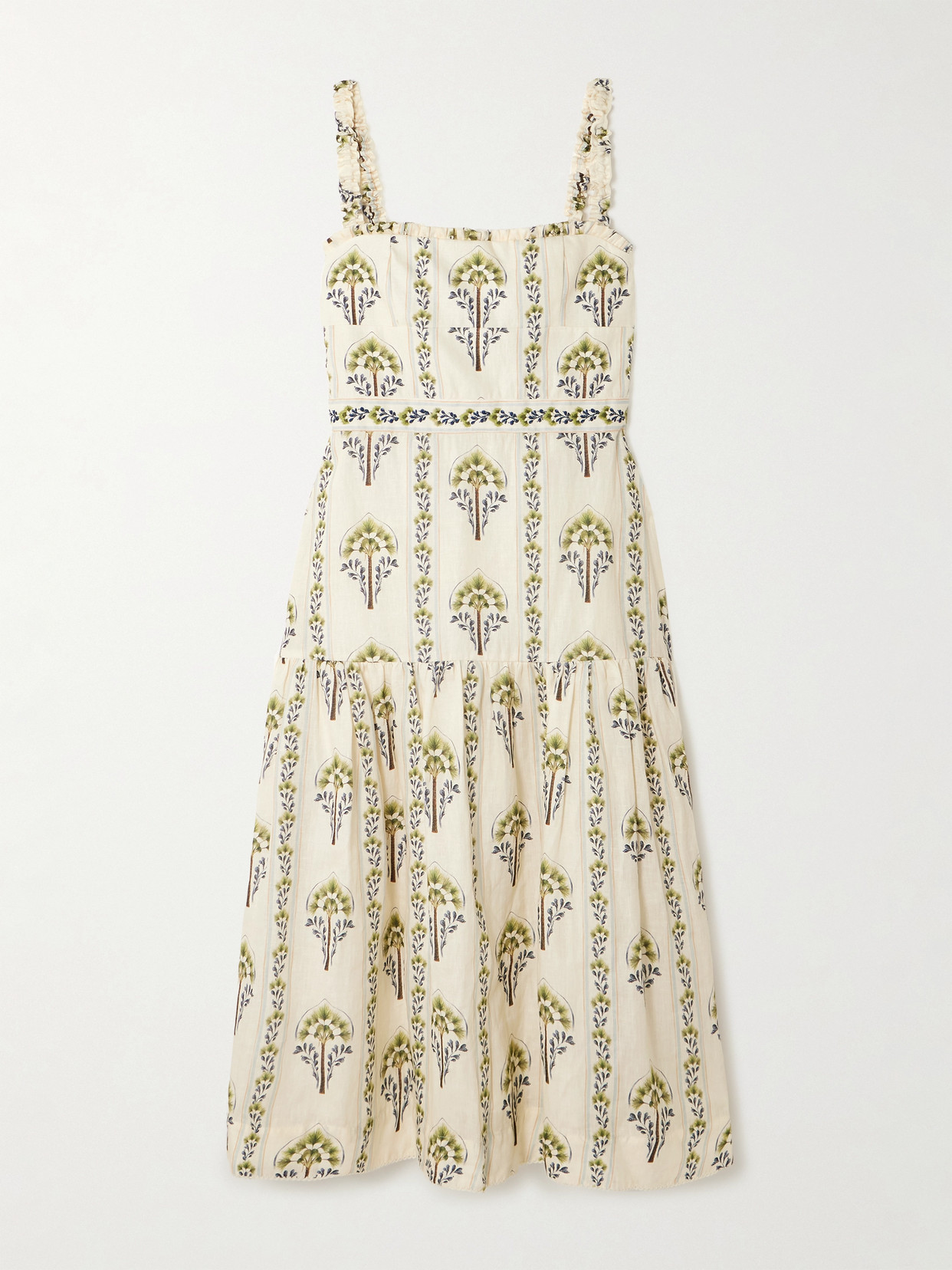 Agua By Agua Bendita Nispero Tiered Embroidered Printed Linen Midi Dress