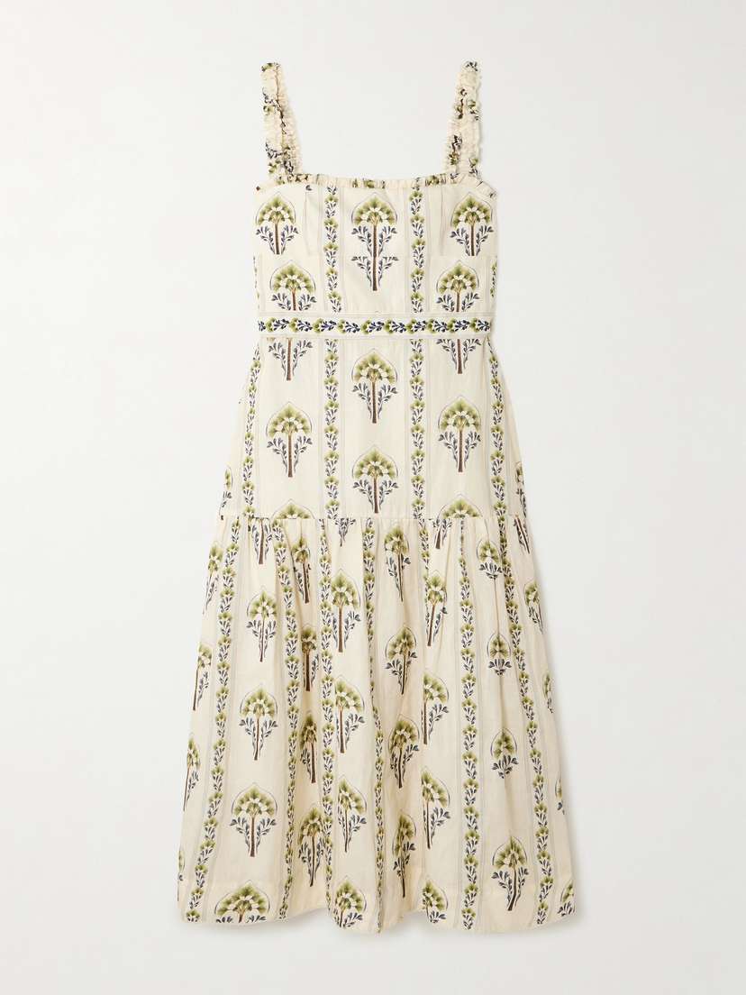 Agua by Agua Bendita Nispero Tiered Embroidered Printed Linen Midi Dress