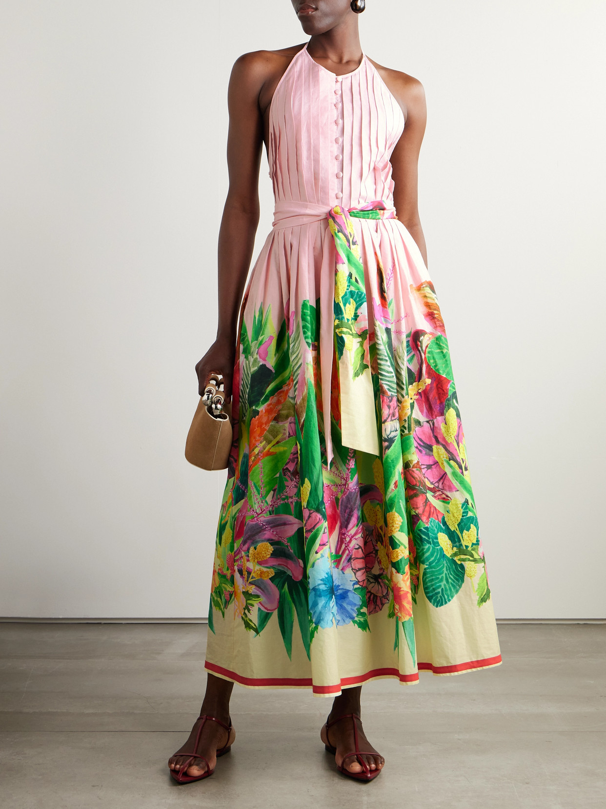 Loretta Caponi Patmos Belted Floral-print Cotton-poplin Halterneck Maxi Dress