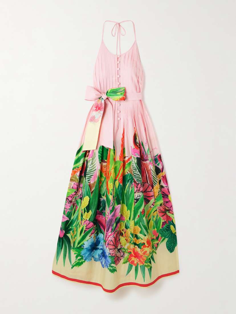 Loretta Caponi Patmos Belted Floral-print Cotton-poplin Halterneck Maxi Dress