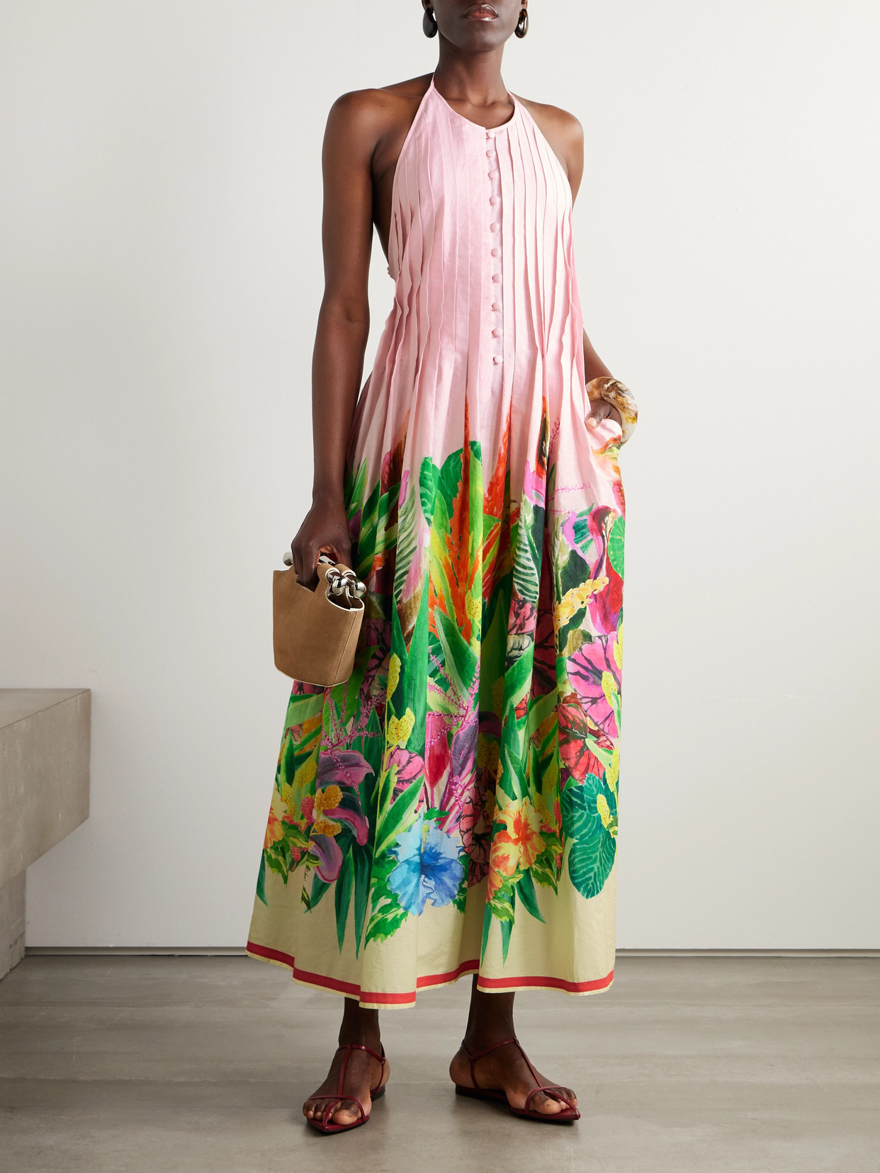 Loretta Caponi Patmos Belted Floral-print Cotton-poplin Halterneck Maxi Dress