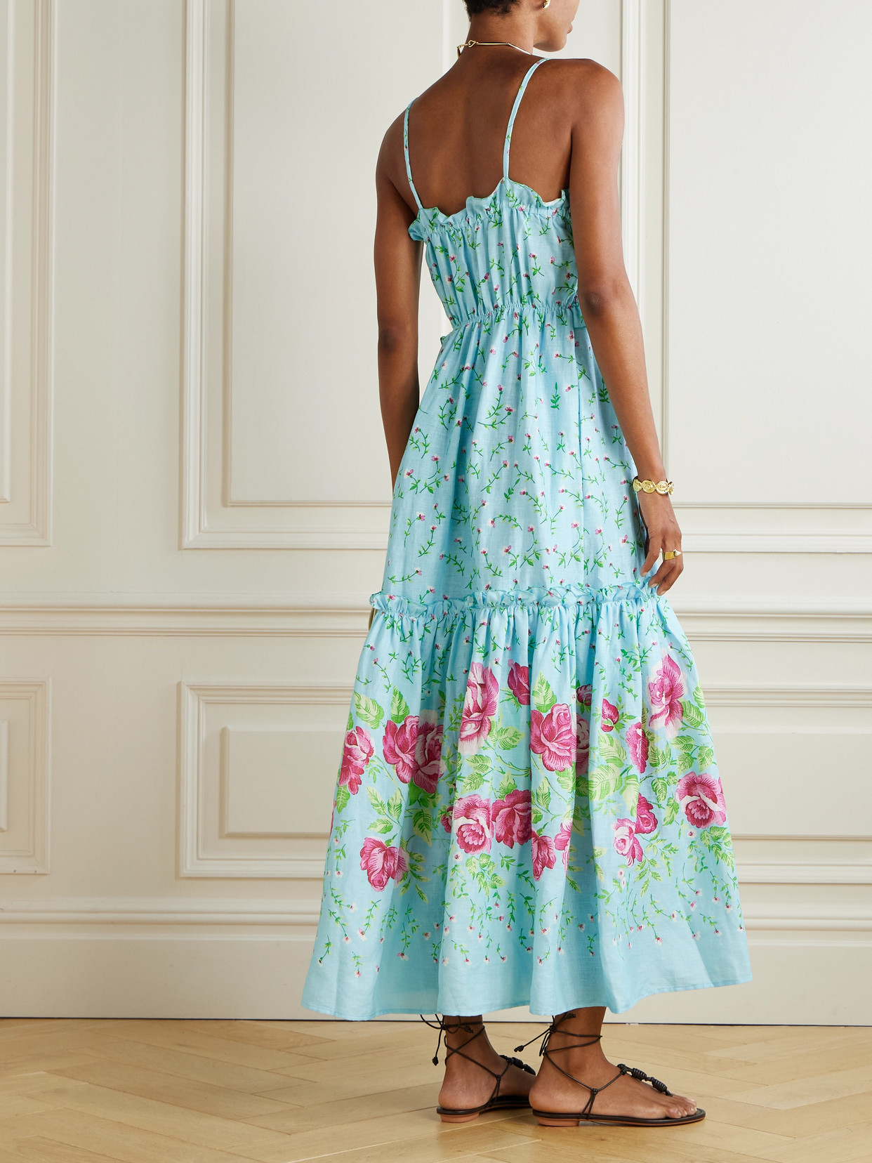 Loretta Caponi Bianca Embroidered Smocked Ruffled Floral-print Linen Maxi Dress