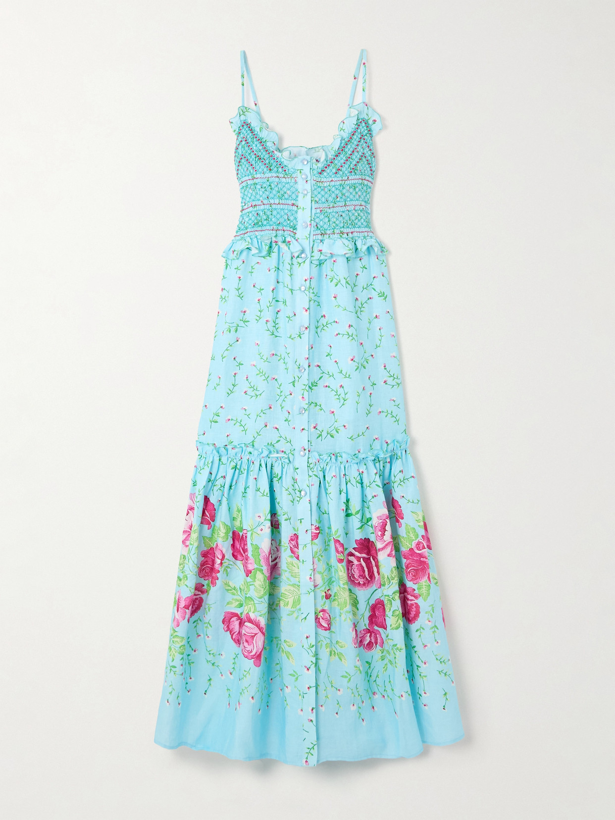 Loretta Caponi Bianca Embroidered Smocked Ruffled Floral-print Linen Maxi Dress