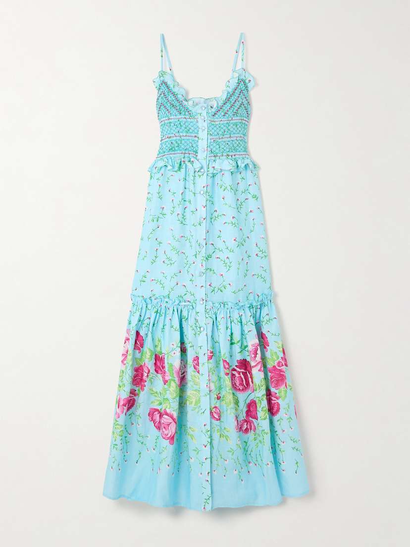 Loretta Caponi Bianca Embroidered Smocked Ruffled Floral-print Linen Maxi Dress