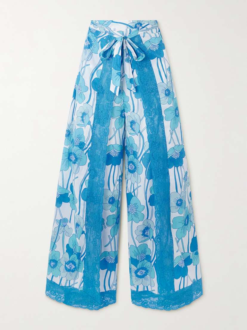 Loretta Caponi Alexis Layered Lace-trimmed Floral-print Cotton-voile Wide-leg Pants