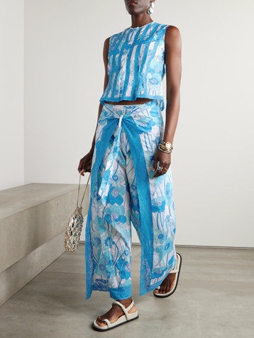 Loretta Caponi Alexis layered lace-trimmed floral-print cotton-voile wide-leg pants