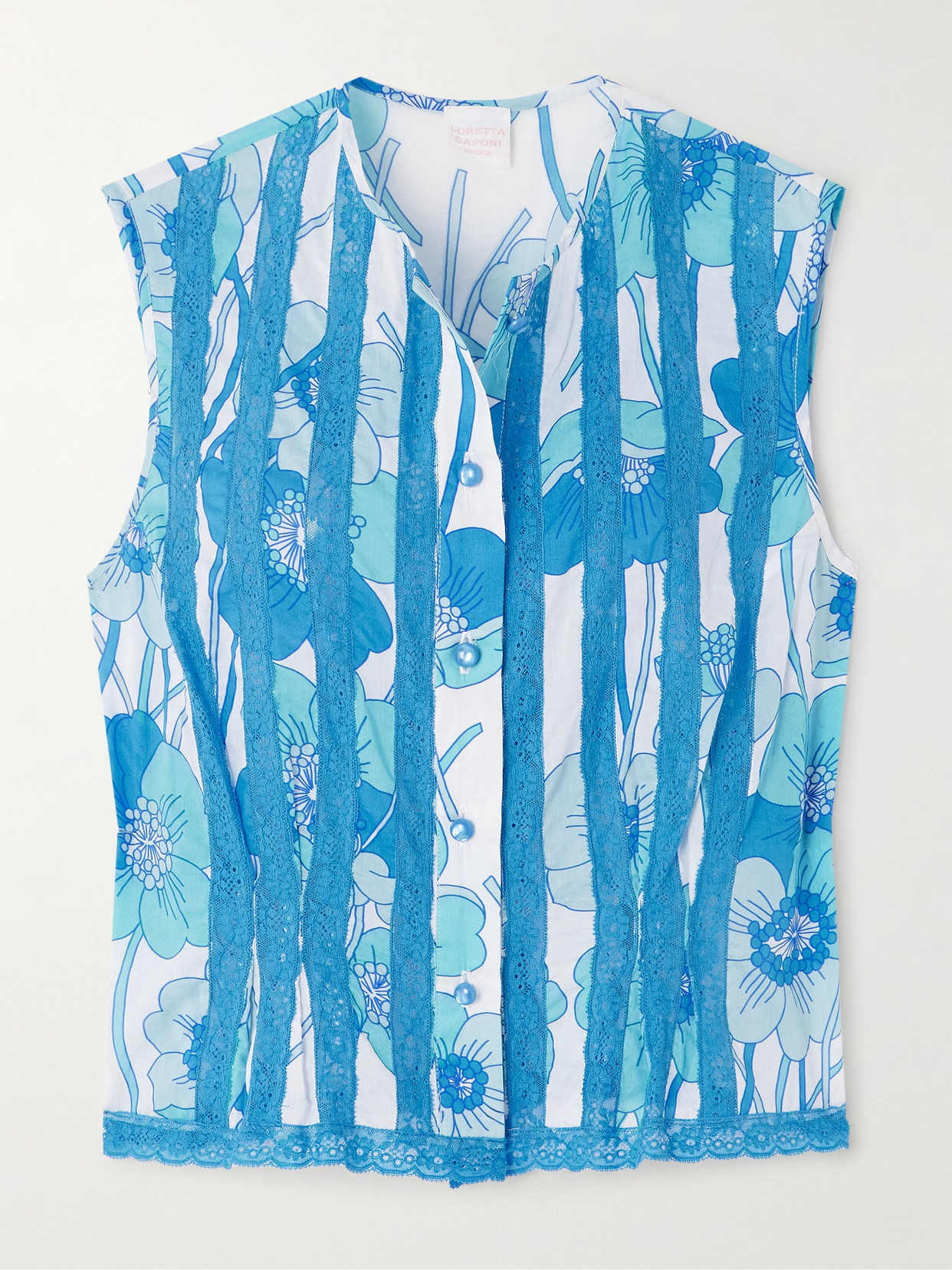 Loretta Caponi Lace-trimmed Floral-print Cotton-voile Top In Blue