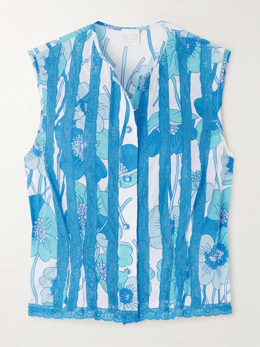 Loretta Caponi Lace-trimmed Floral-print Cotton-voile Top