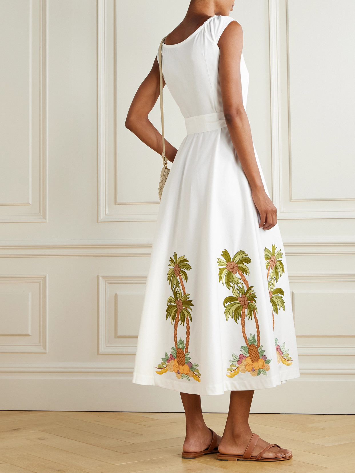 Loretta Caponi Marzia Belted Embroidered Cotton-twill Maxi Dress In White