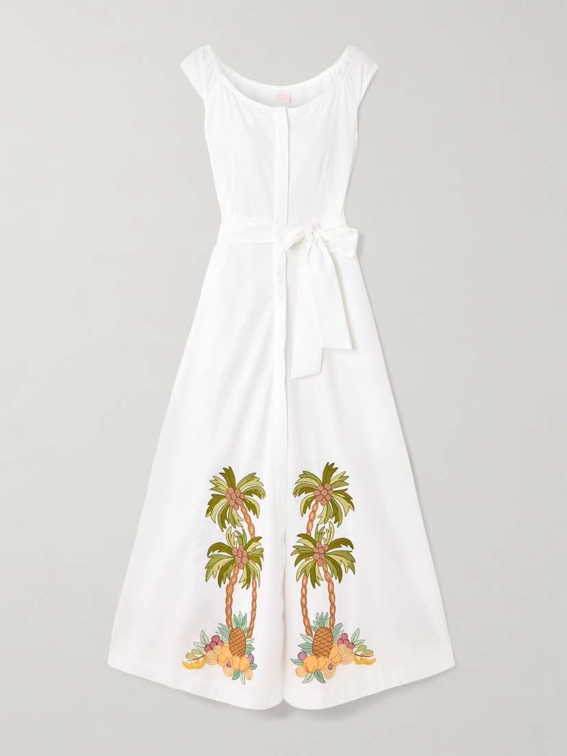 Loretta Caponi Marzia Belted Embroidered Cotton-twill Maxi Dress
