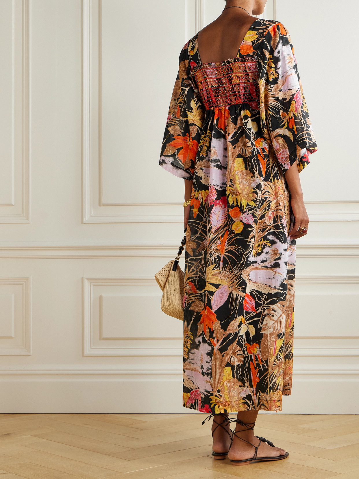 Loretta Caponi Malibu Smocked Printed Cotton Midi Dress