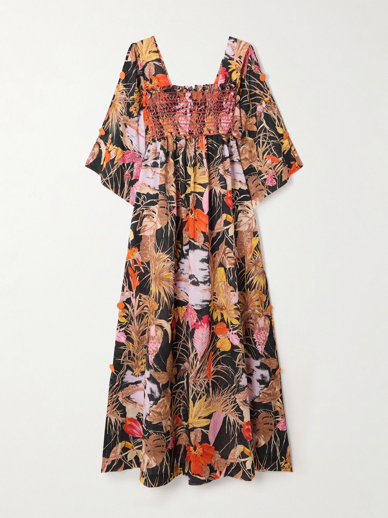 Loretta Caponi Malibu Smocked Printed Cotton Midi Dress
