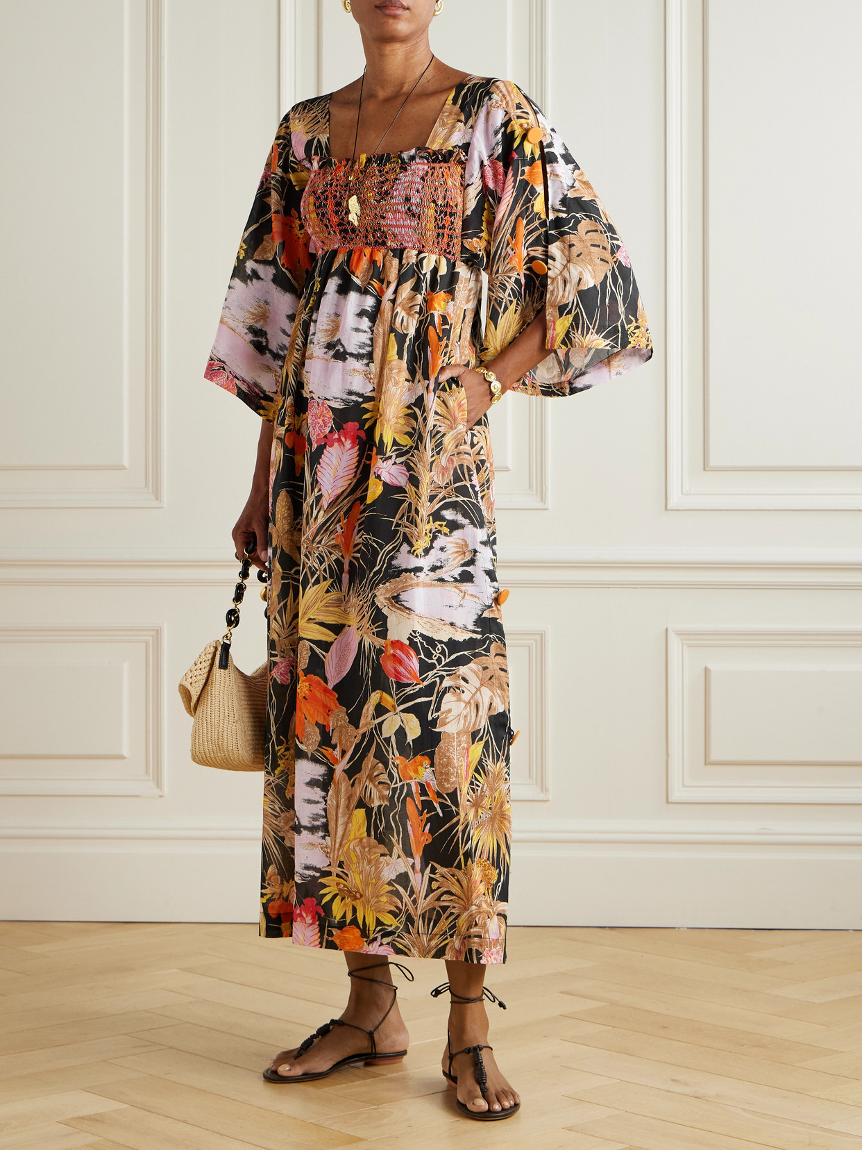 Loretta Caponi Malibu Smocked Printed Cotton Midi Dress