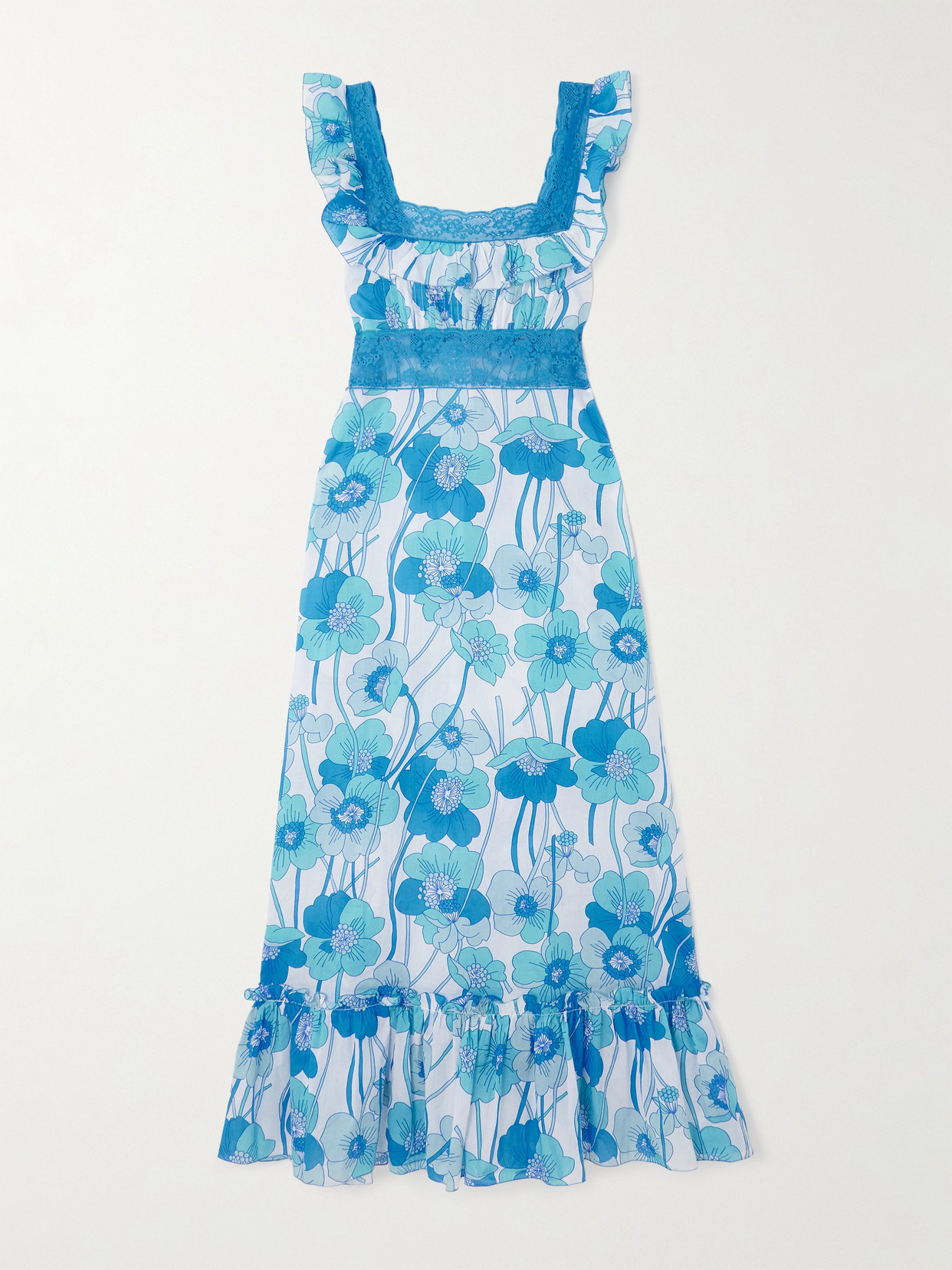 Loretta Caponi Margherita Lace-trimmed Floral-print Silk-voile Maxi Dress In Blue
