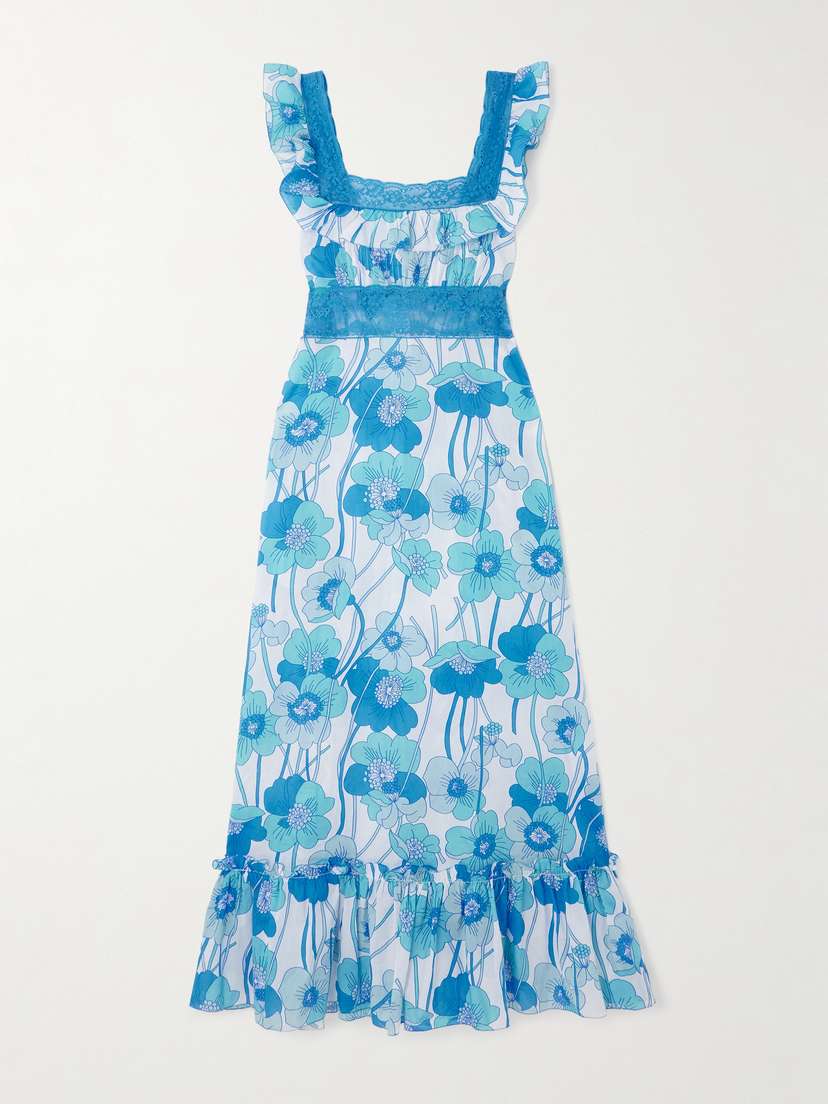 Loretta Caponi Margherita Lace-trimmed Floral-print Silk-voile Maxi Dress